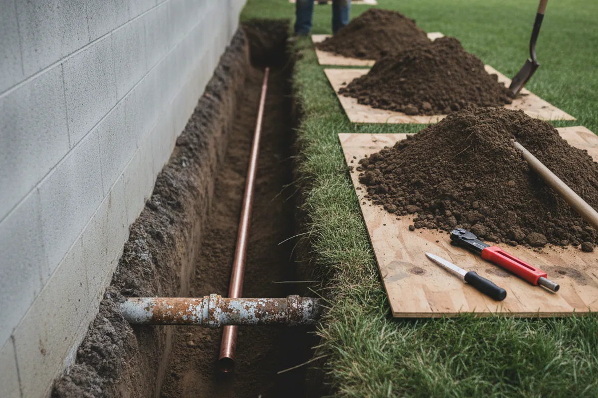 Excavated water line trench during Water Softener Installation in Tilly